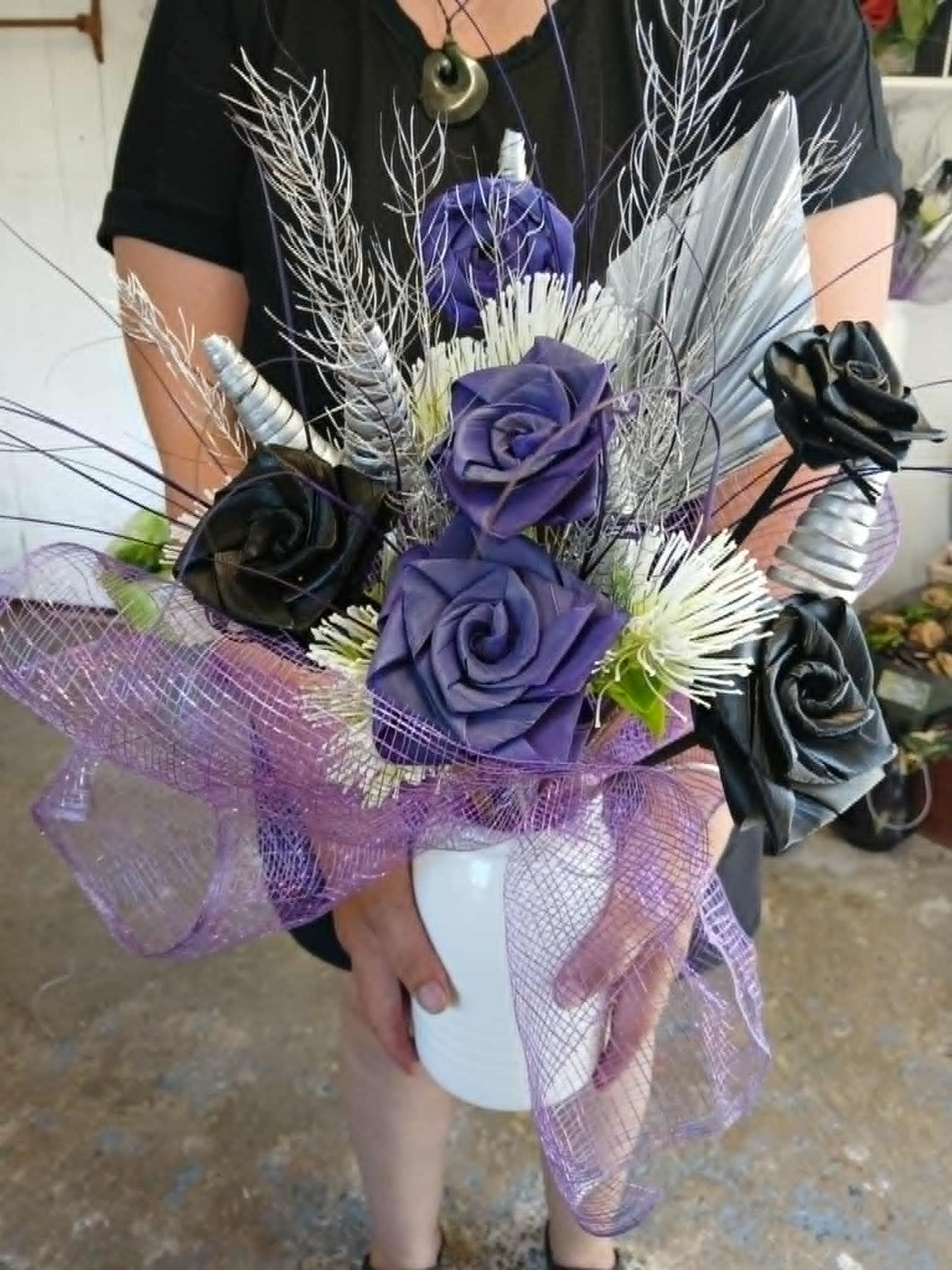 Purple, Black & Silver Bouquet and Vase.